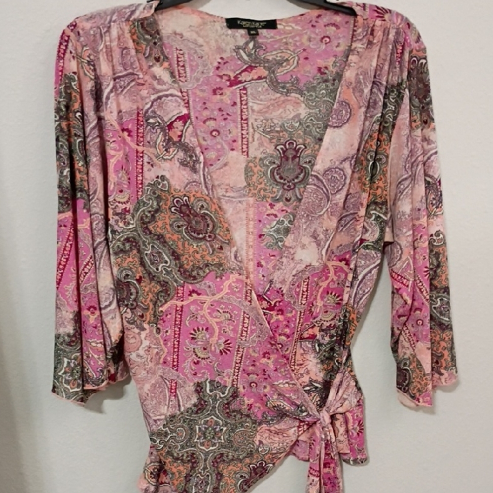 Karen Kane Pink and Gray Paisley Top